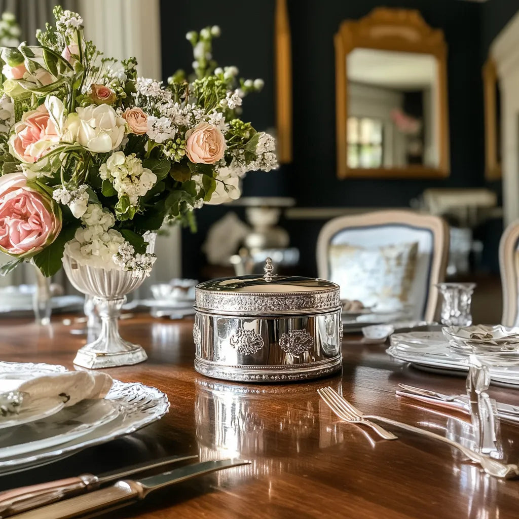 An English Silver Plate Biscuit Box, Cookie Jar on an elegant dining table
