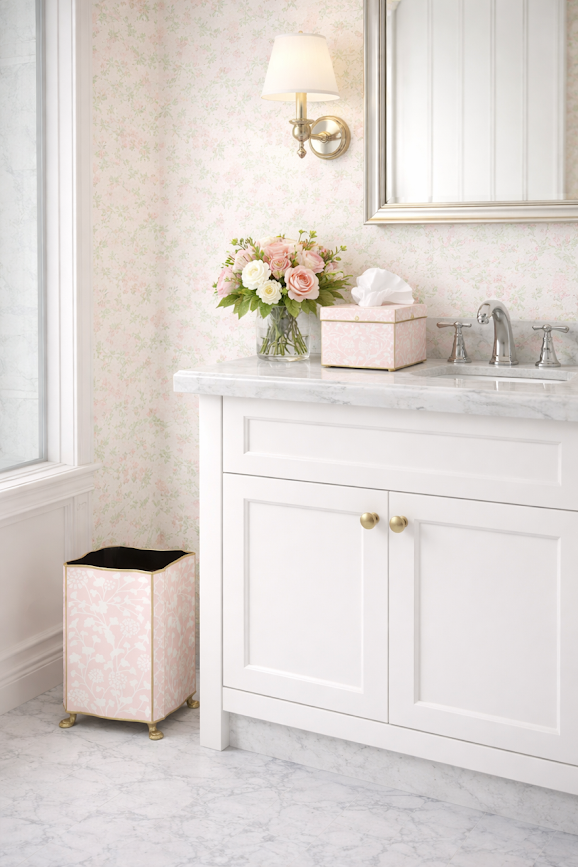 Bathroom with white vanity, pink wastepaper basket, marble countertop, and decorative elements.