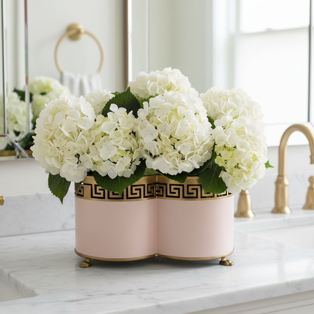 Decorative pink and gold planter with Greek key design containing white hydrangeas, on a white marble bathroom counter