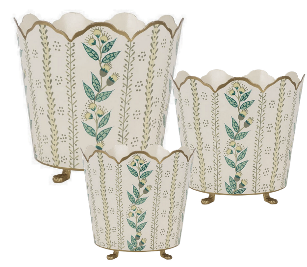 Set of three decorative planters with floral patterns on a white background