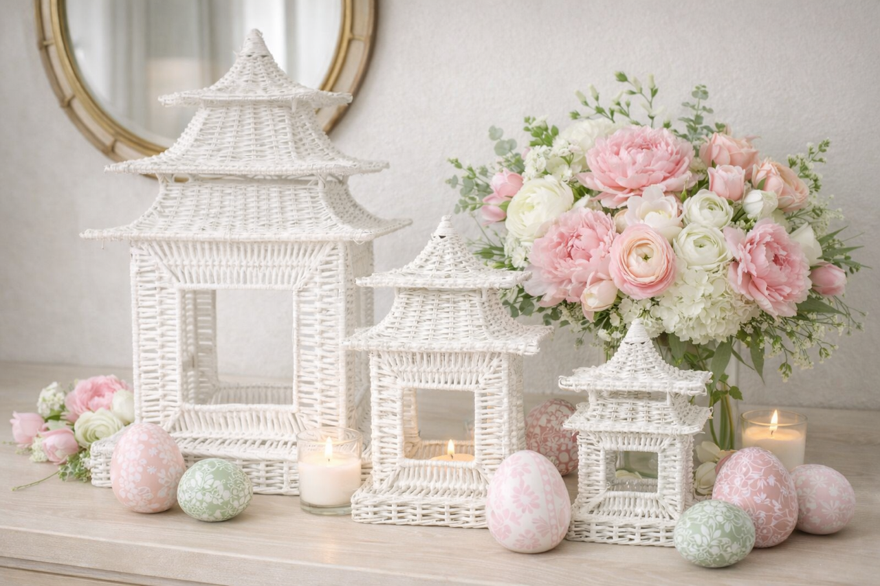 Decorative scene with white lanterns, pink and white flowers, and pastel-colored patterned metal easter eggs on a wooden surface.