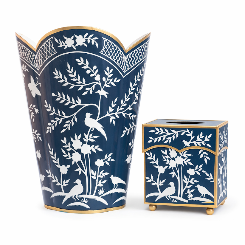 Navy & White Chinoiserie Wastepaper Basket & Tissue (3 Options)