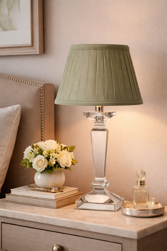 Square Crystal Rechargeable Lamp with Sage Green Shade