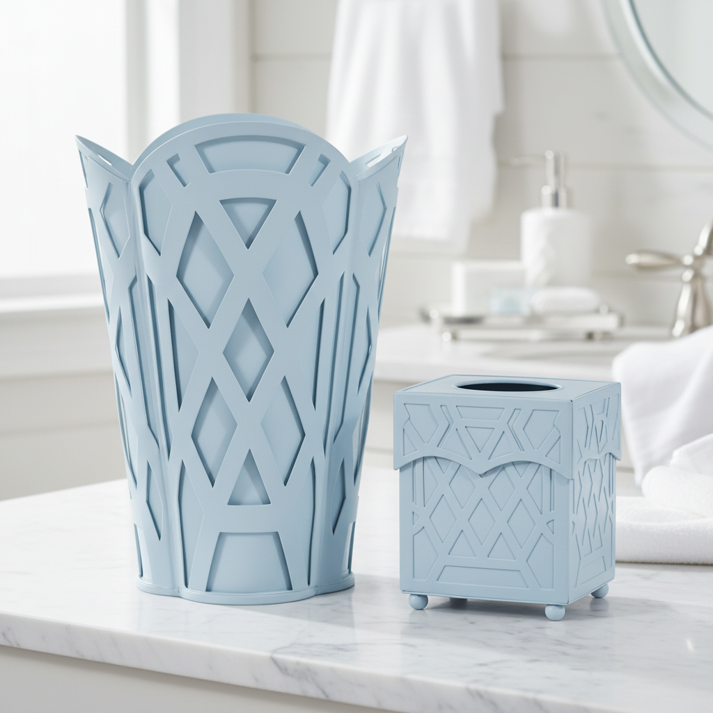 Light blue decorative trash can and tissue box on a marble surface with a blurred bathroom background.
