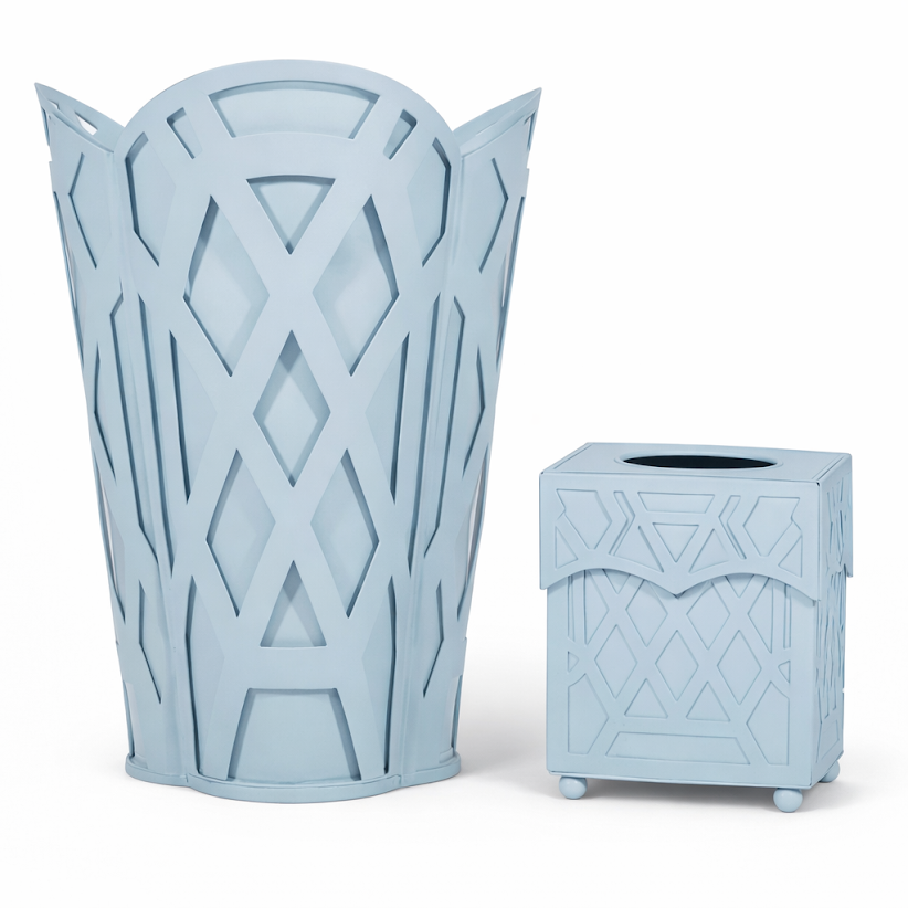 Light blue decorative trash can and tissue box with geometric pattern on a white background