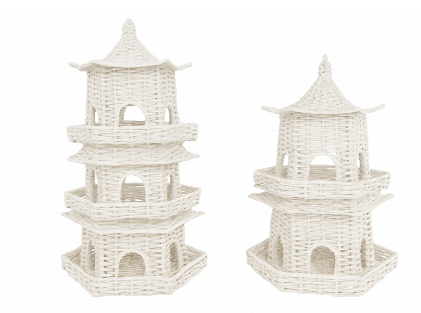 Two white wicker pagoda structures on a white background