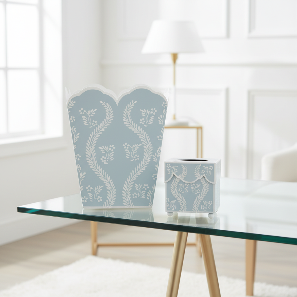 Decorative wastepaper basket and tissue holder with floral pattern in a bright room