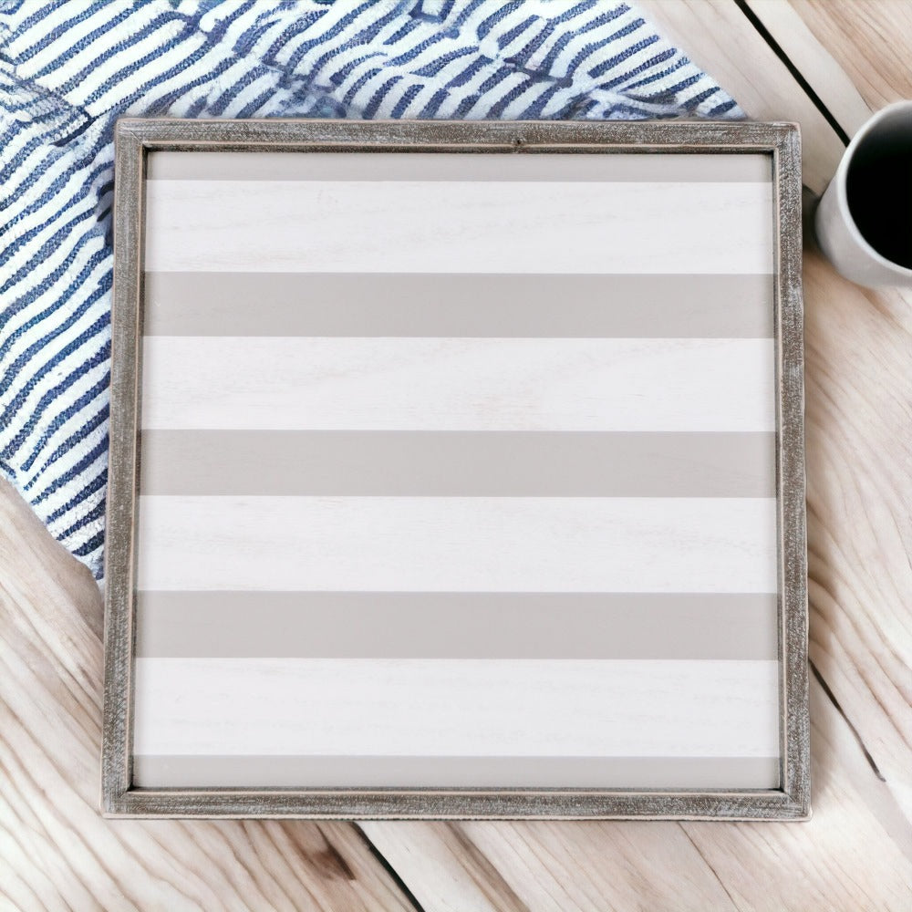 Gray White Striped Wooden Charger Tray 15x15x0.5 Inch Decorative Serving Tray Minimalist Home