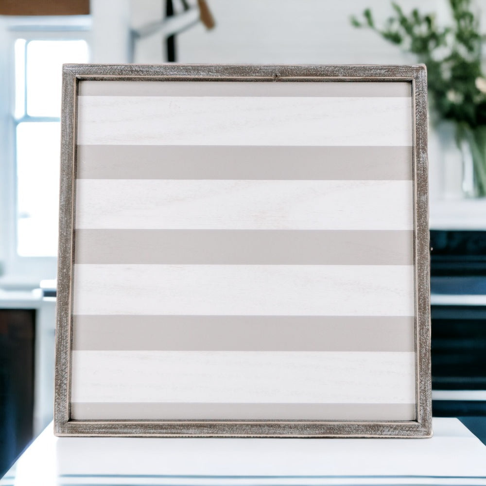 Gray White Striped Wooden Charger Tray 15x15x0.5 Inch Decorative Serving Tray Minimalist Home