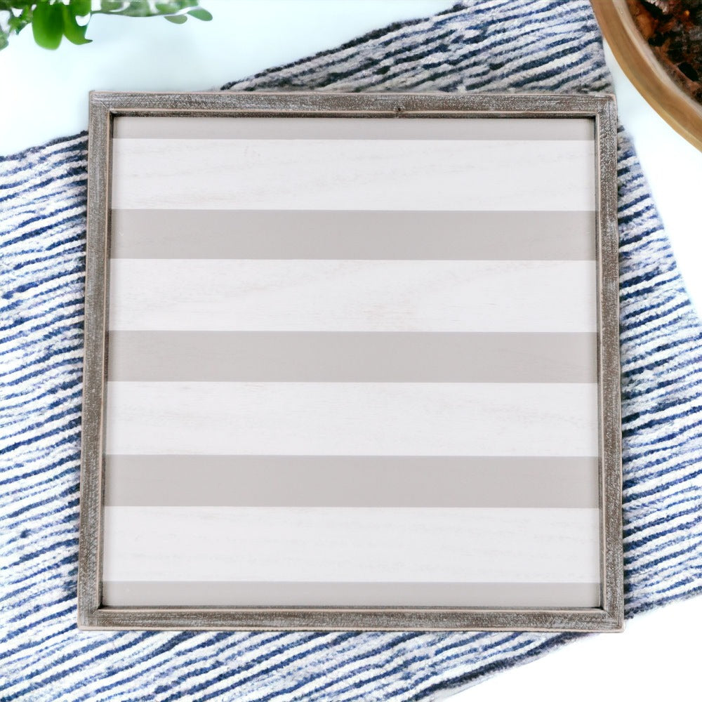 Gray White Striped Wooden Charger Tray 15x15x0.5 Inch Decorative Serving Tray Minimalist Home
