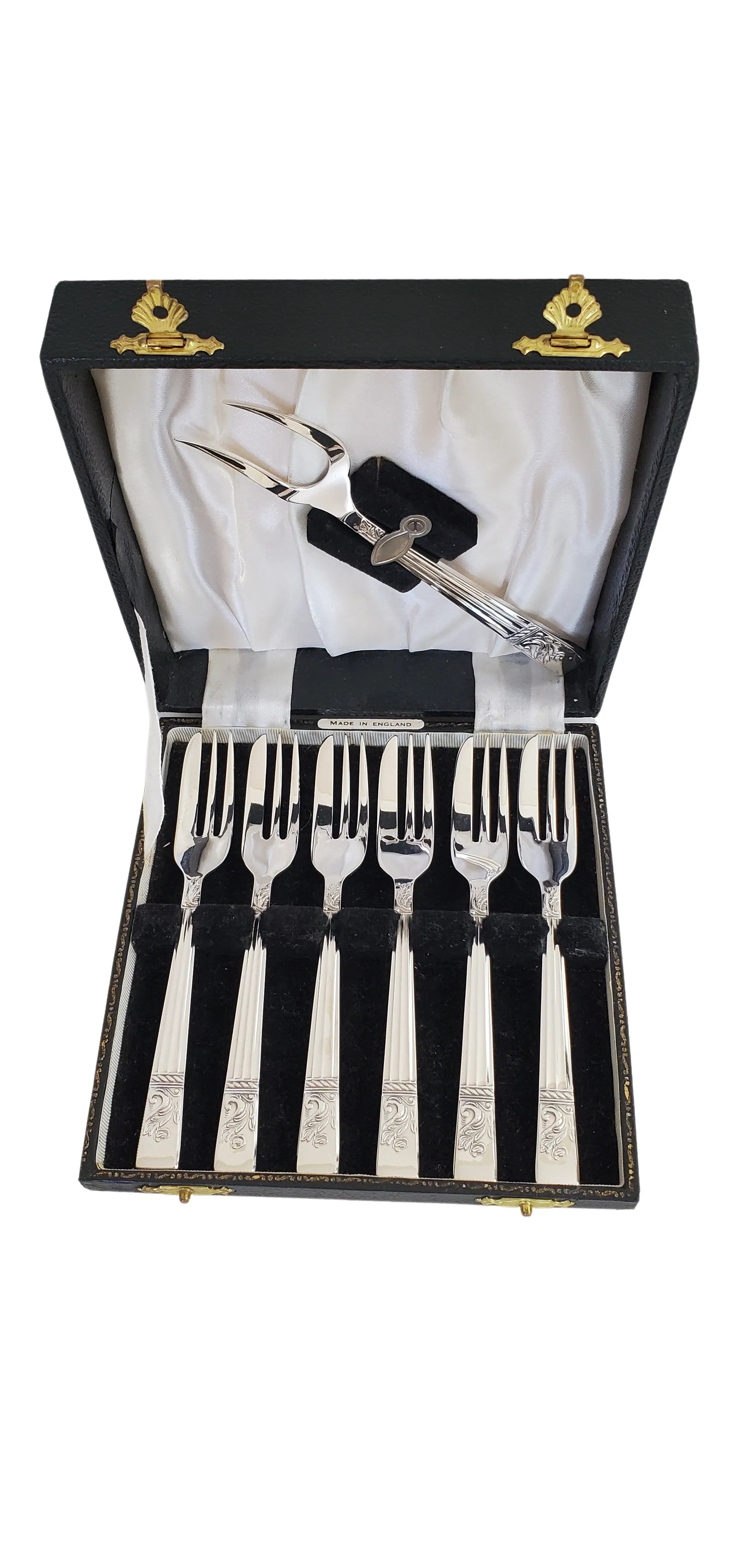 Antique English Silver Plate Pastry Forks & Server Set – c.1900 in a black case on a white background
