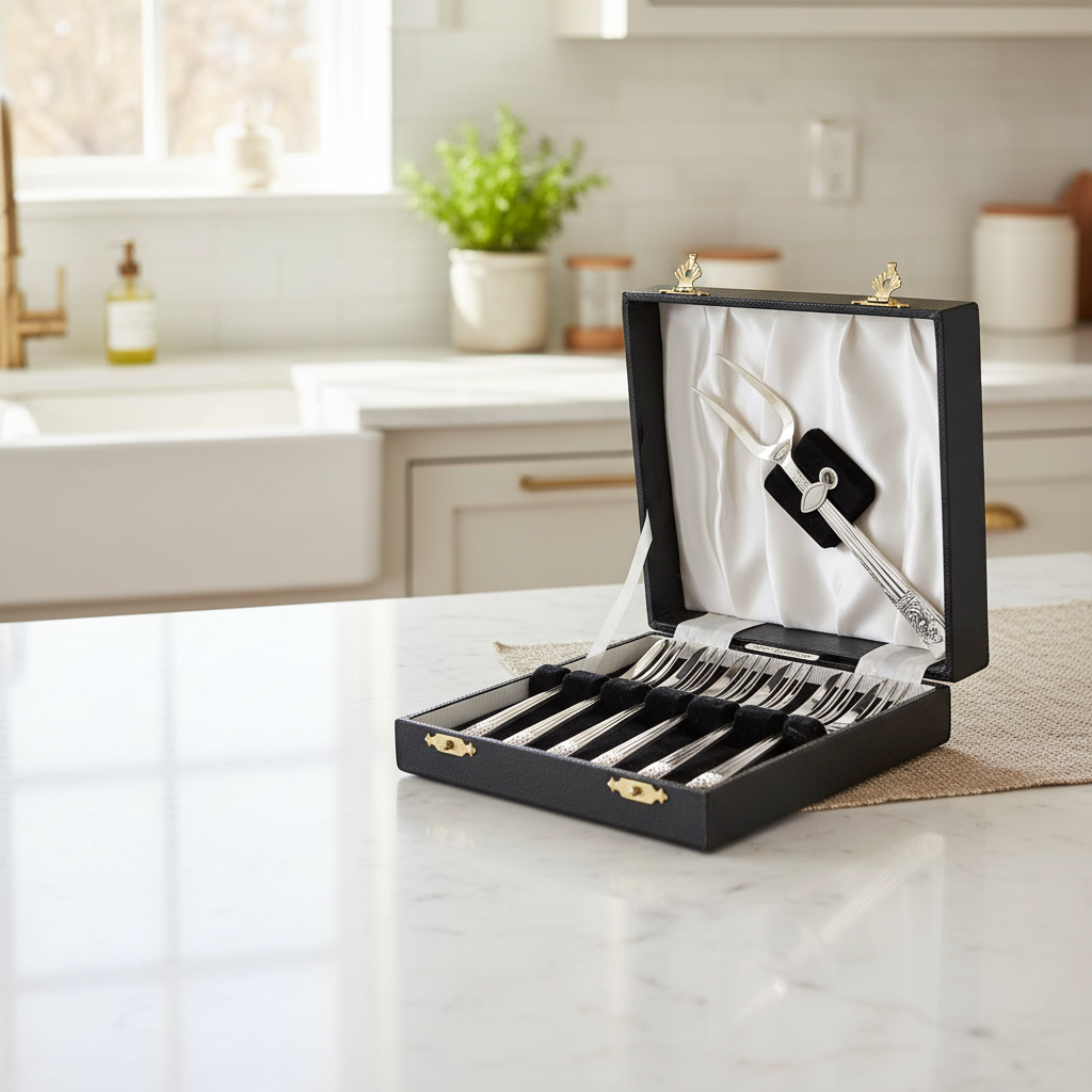 Antique English Silver Plate Pastry Forks & Server Set – c.1900 in a black case on a kitchen counter