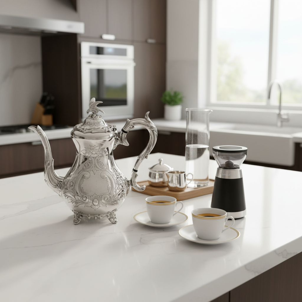 Corbell Antique English Silver Plate Coffee Pot – Louis IV Style, c.1860 and coffee cups on a kitchen counter with a blurred background