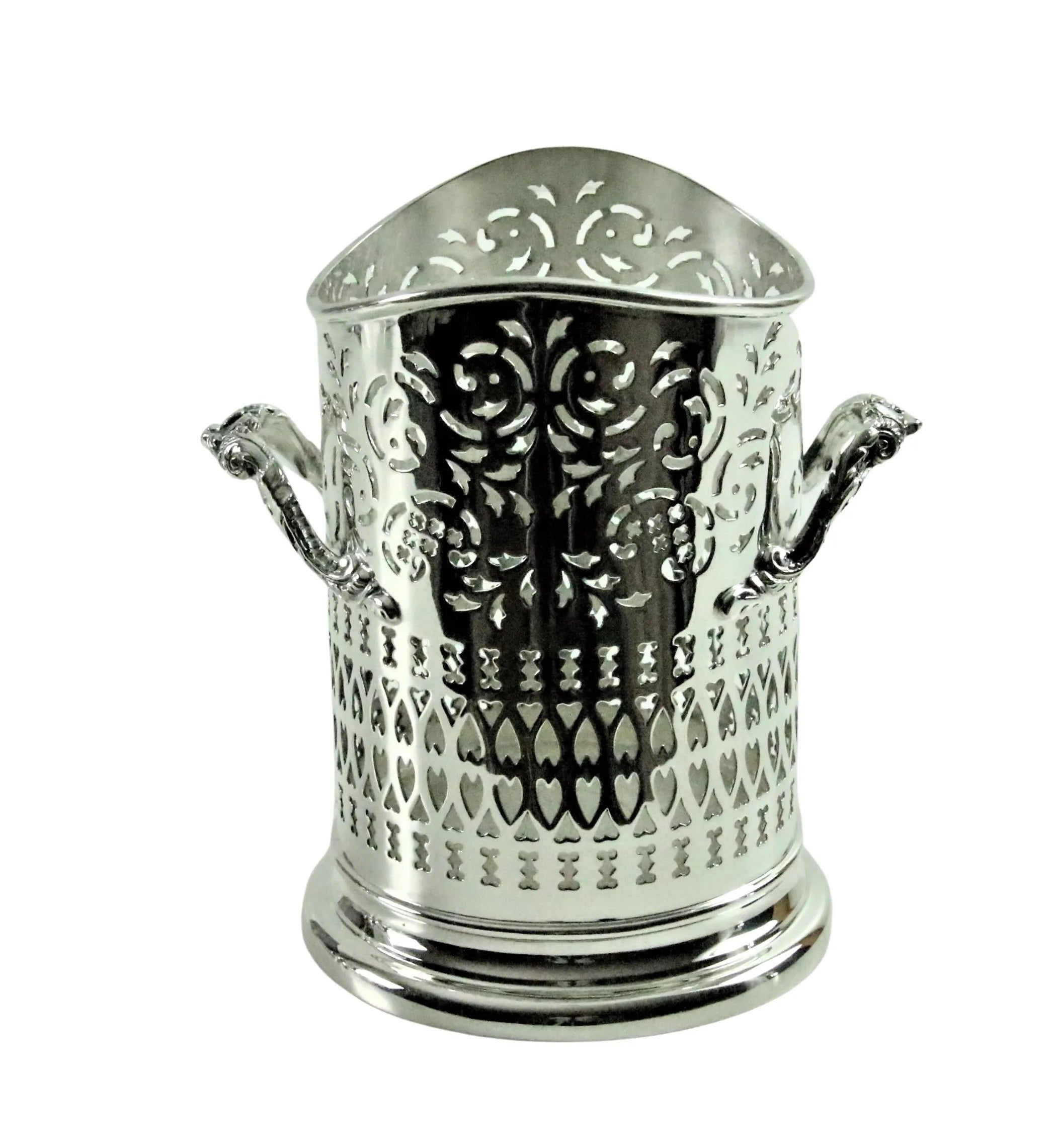 Antique Syphon Stand featuring a pierced design with a polished silver finish.