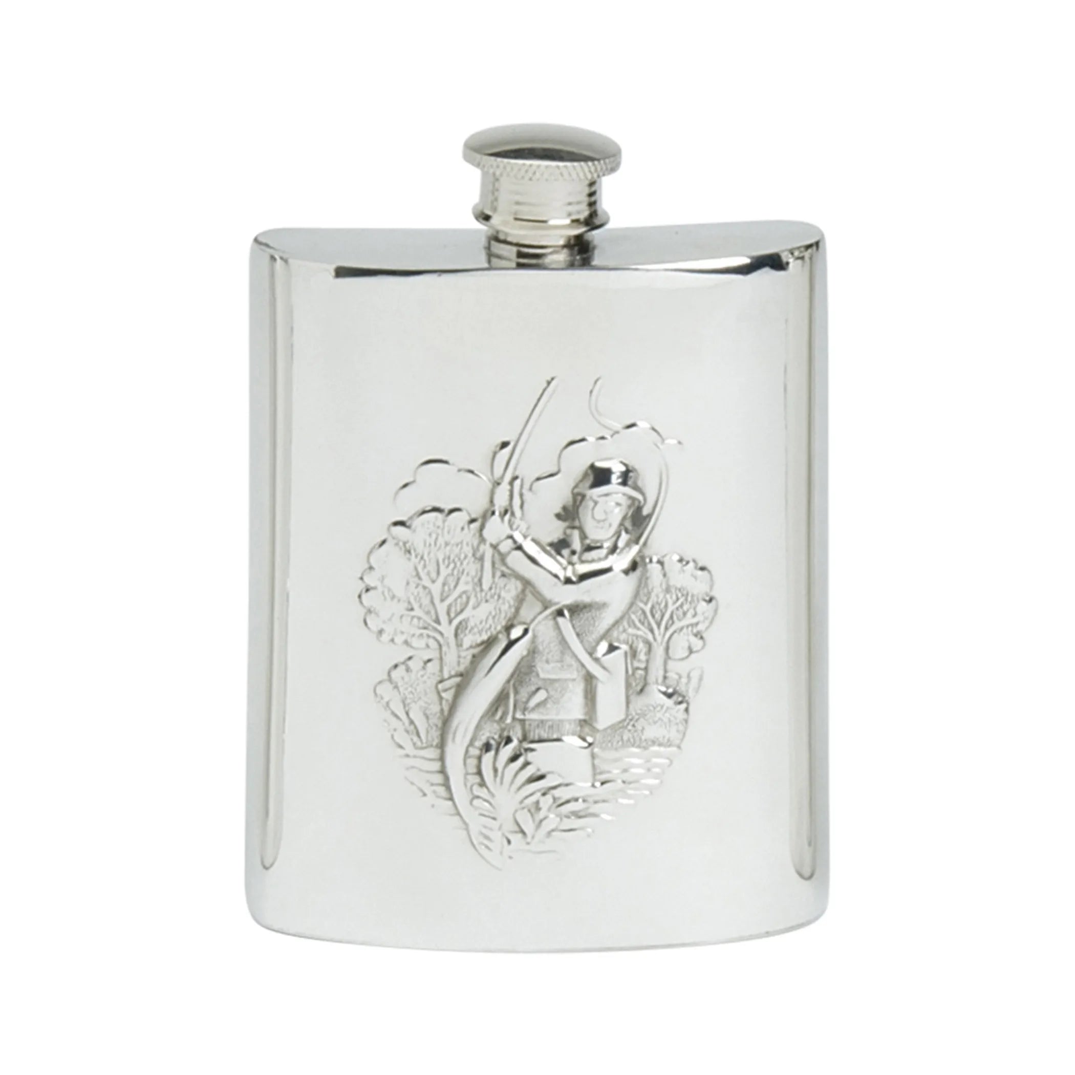 A silver pewter flask with a fishing motif design, featuring an angler's scene.