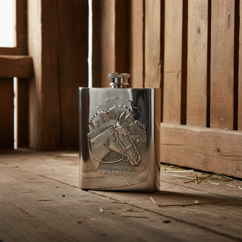 Silver flask with horse embossing on a wooden surface