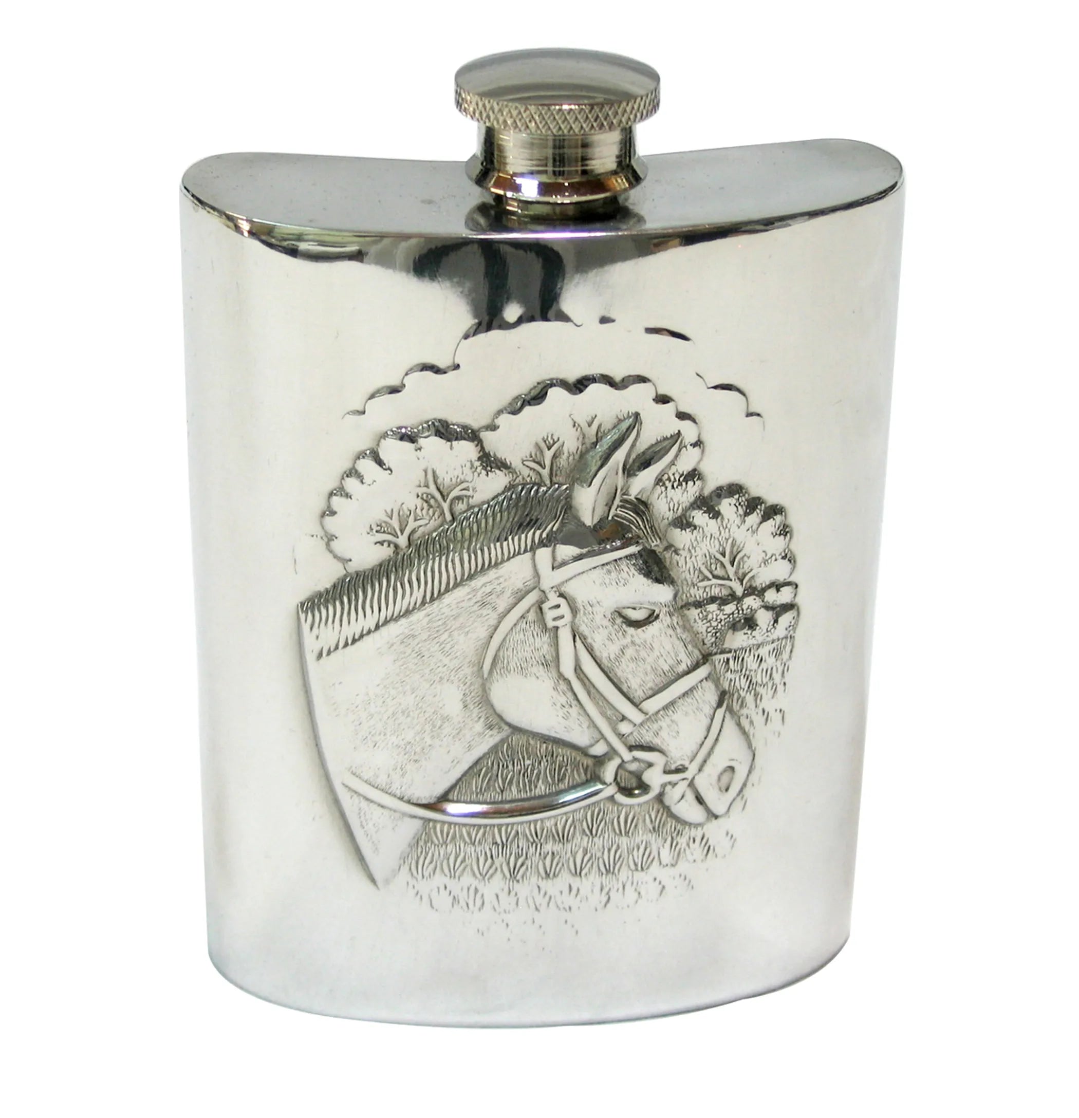 A silver pewter flask with a horse head design on the front.