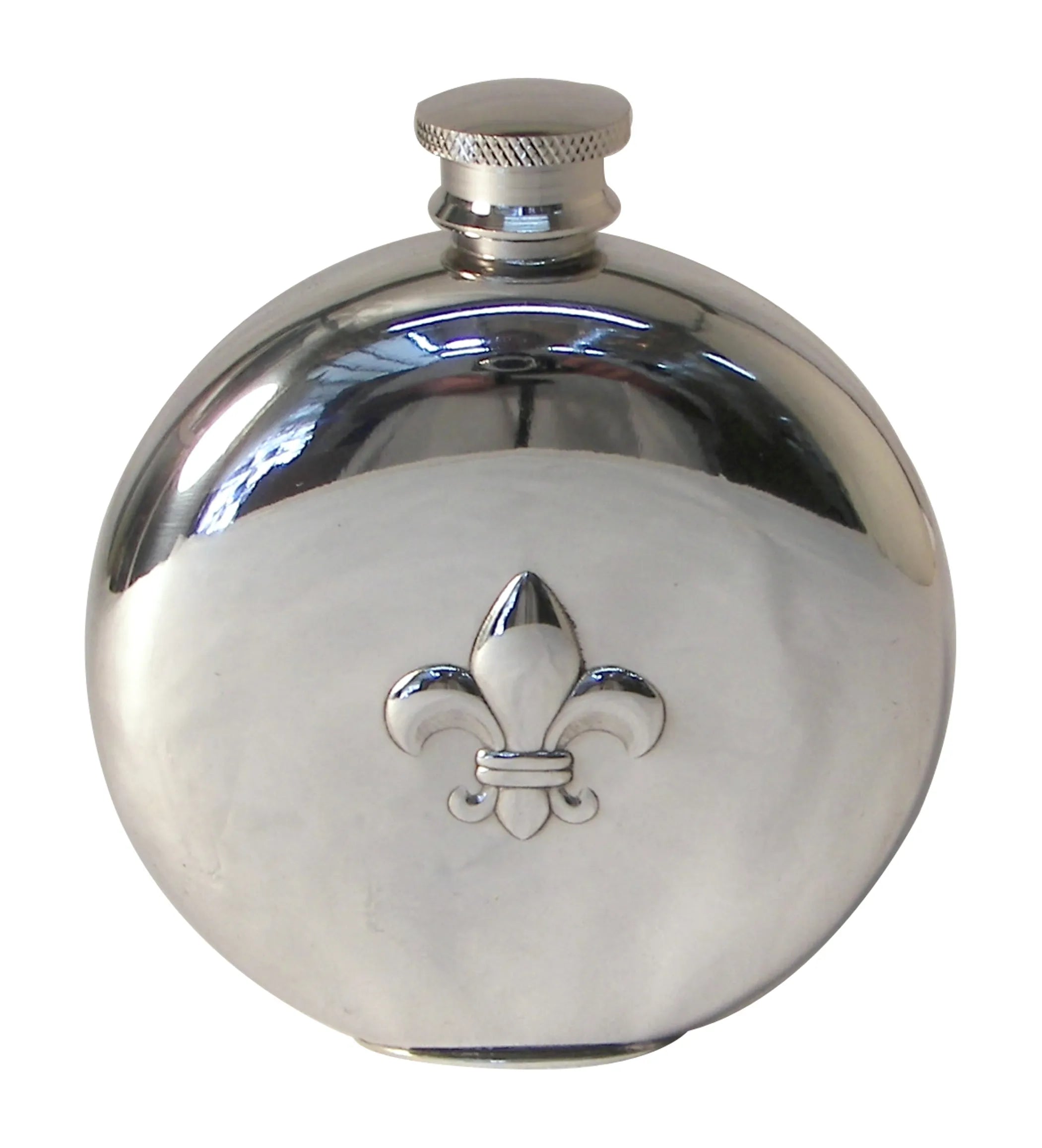 A round pewter flask with a Fleur De Lys design on the front and a metal cap.