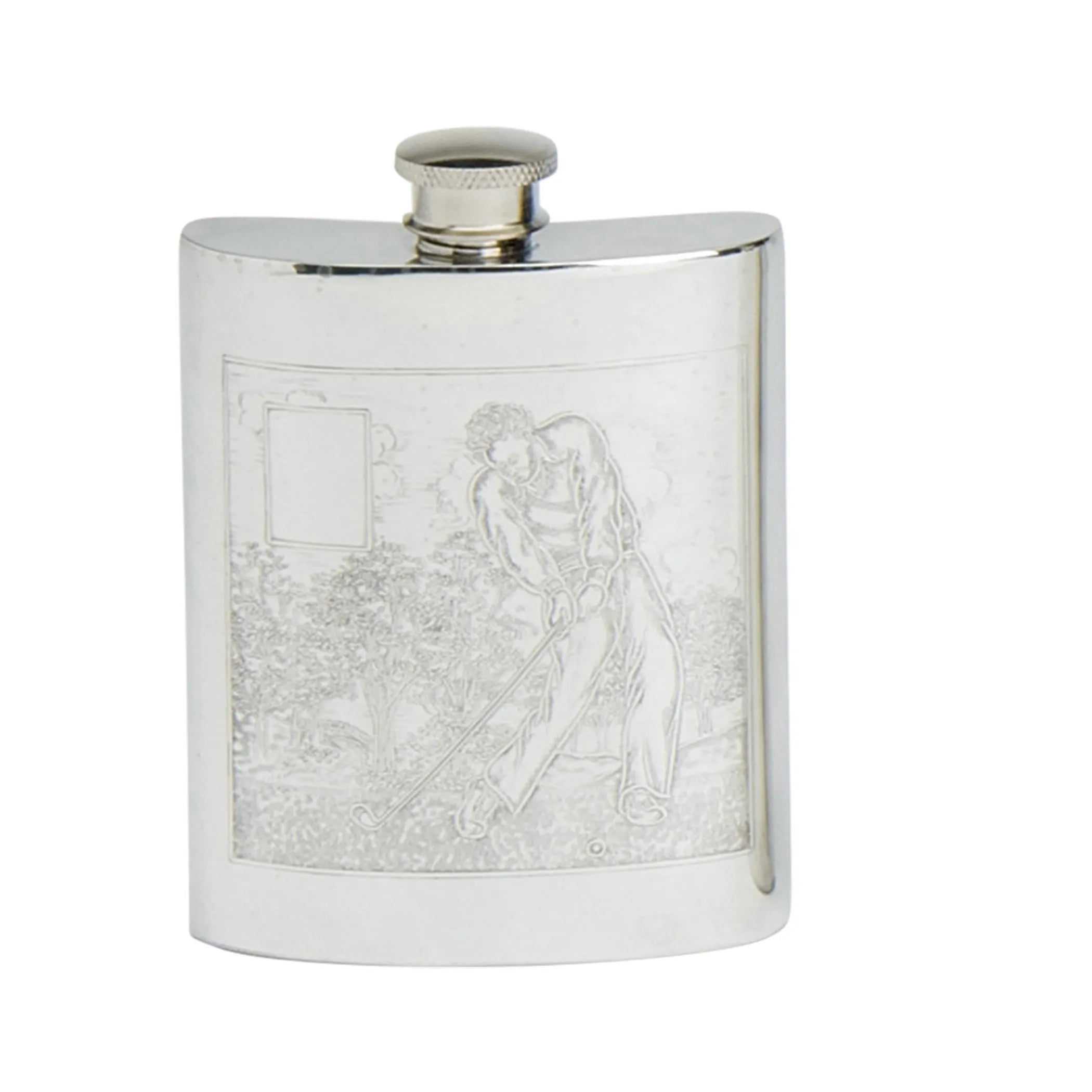 A pewter flask with a golf scene design, featuring an engraved image of golfers on the front.