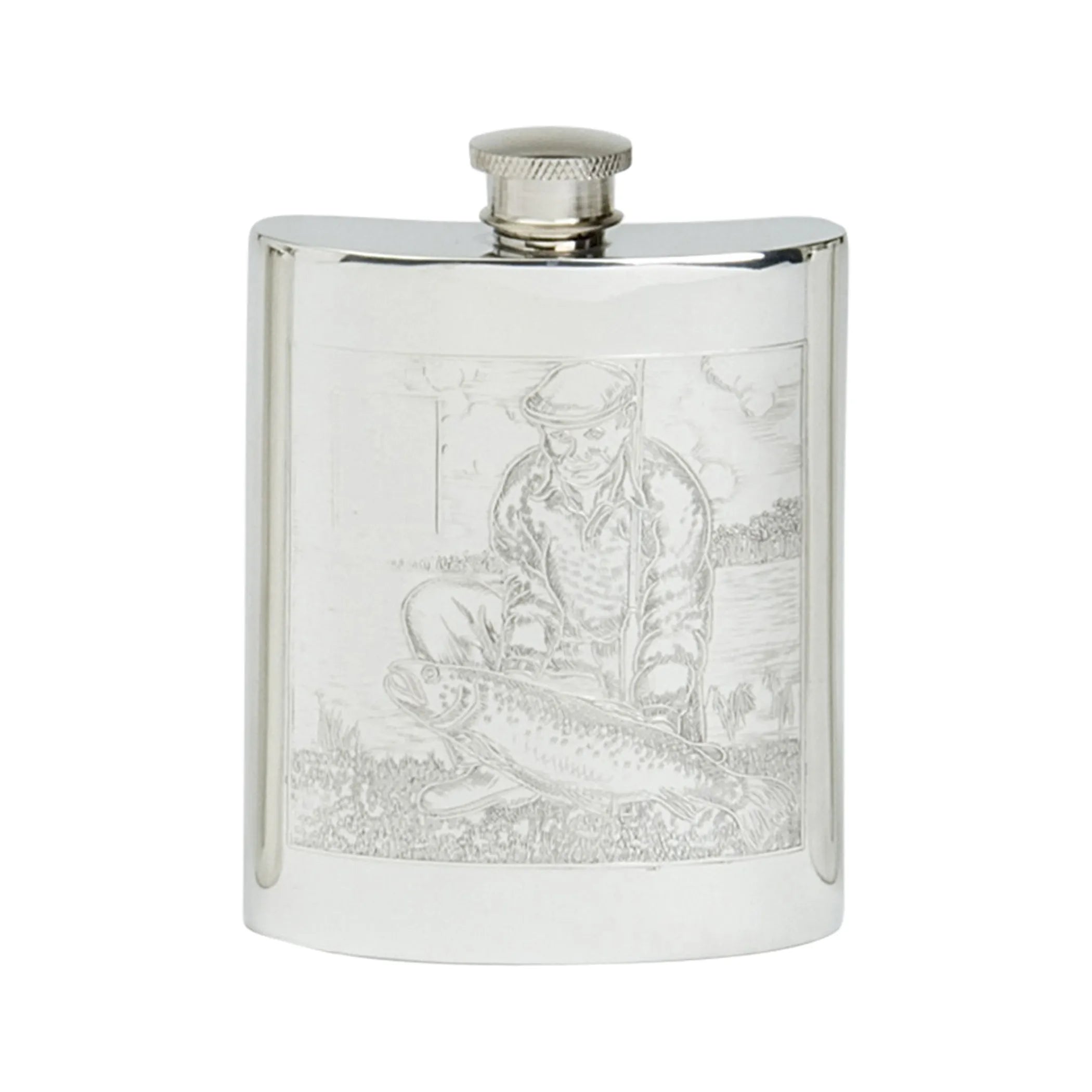 A silver pewter flask with a detailed fishing scene engraving on its surface.