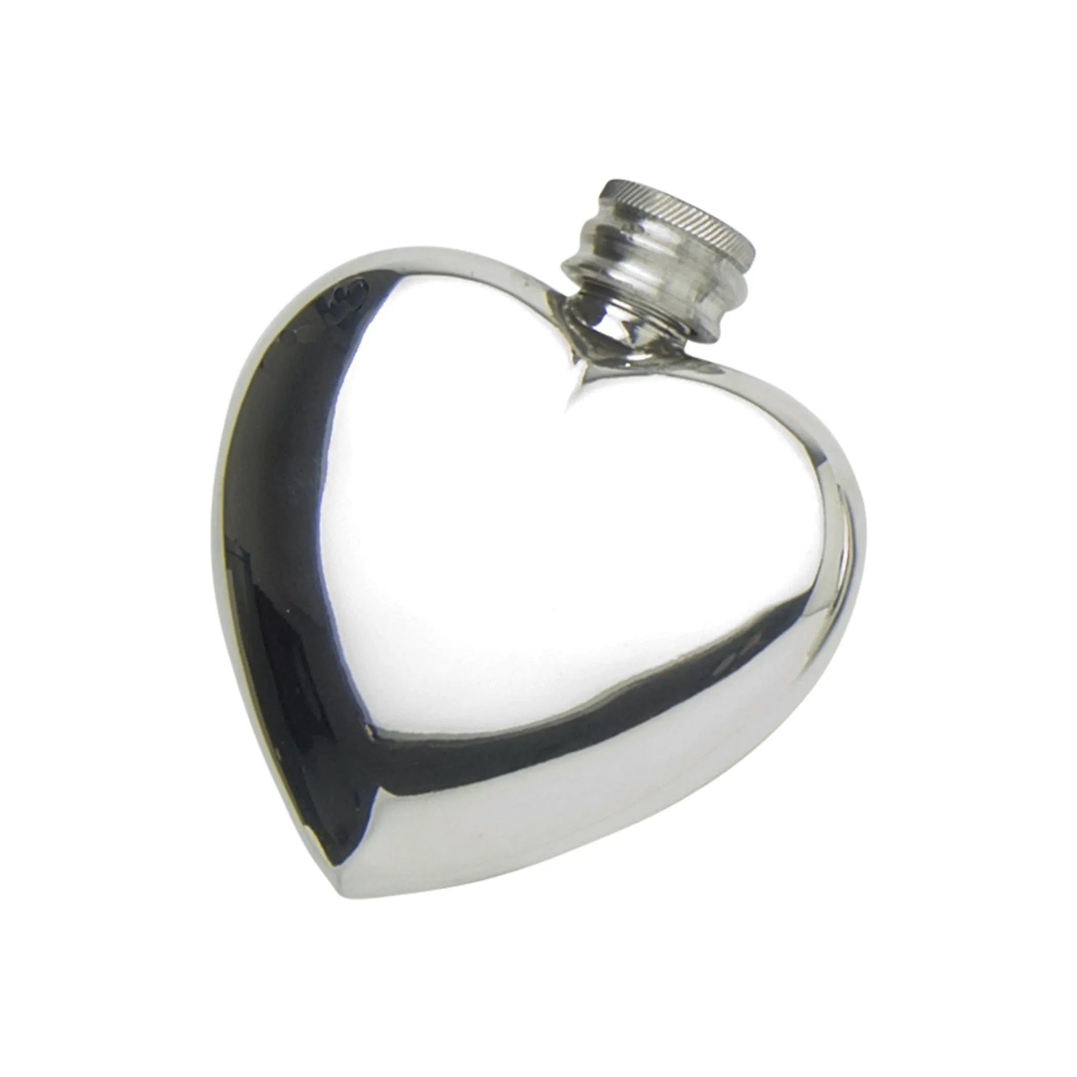 A heart-shaped, silver-colored pewter flask with a screw-top lid.