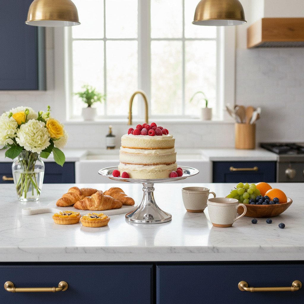 Kitchen counter with a cake on a Corbell silver plated cake stand, pastries, and fruit on a marble countertop.