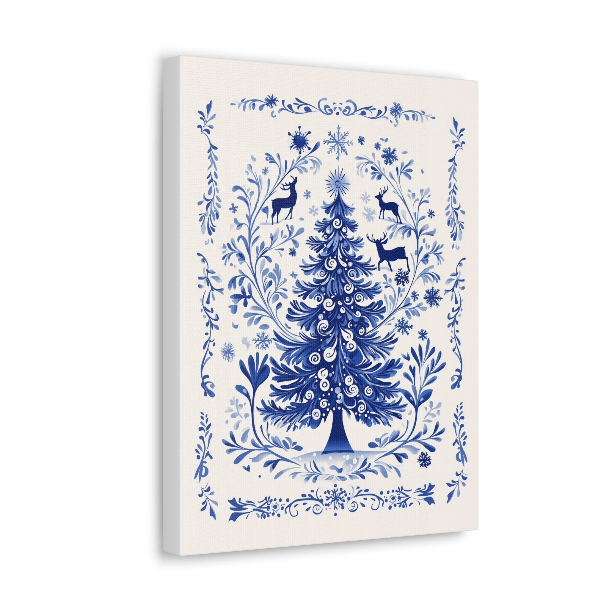 Christmas Tree Canvas Print - Gallery Wrap Wall Art - Delft-Inspired Blue on Off-White Background - Side View