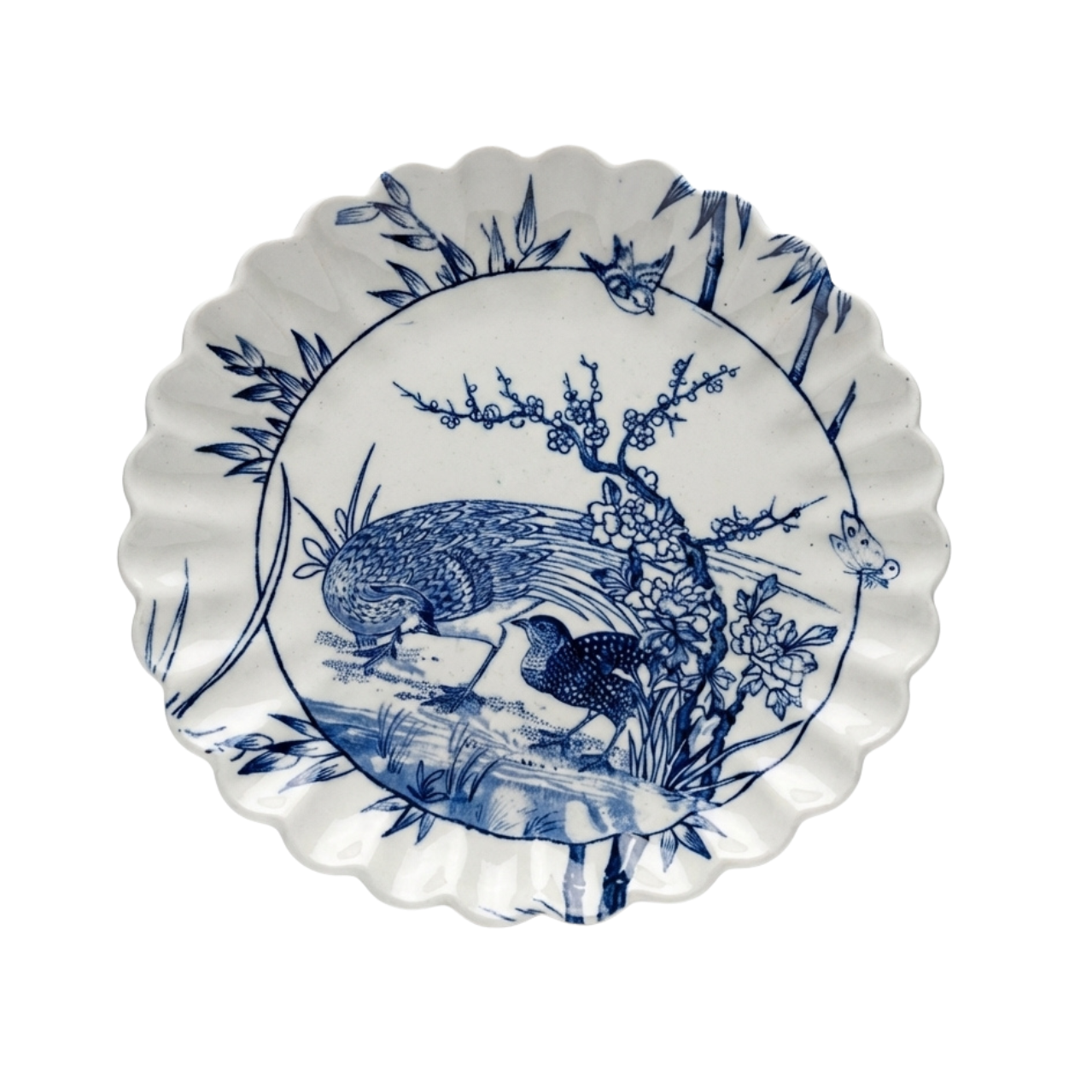 Decorative Rare 1880 Copeland pedestal comports in cobalt Japonisme design with blue bird and floral design on a white background