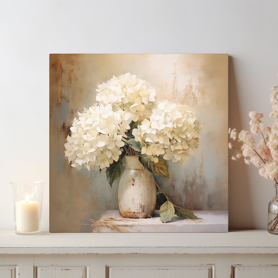 Canvas print of White Hydrangeas in a rustic vase sitting on a shelf