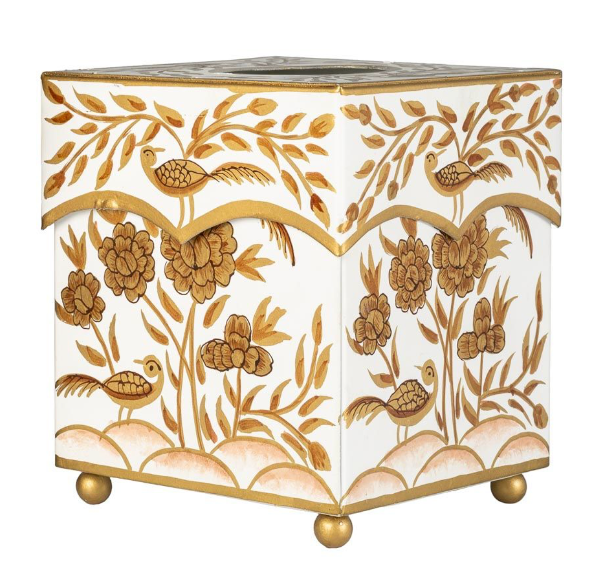 Decorative tissue box holder with gold floral and bird patterns on a white background