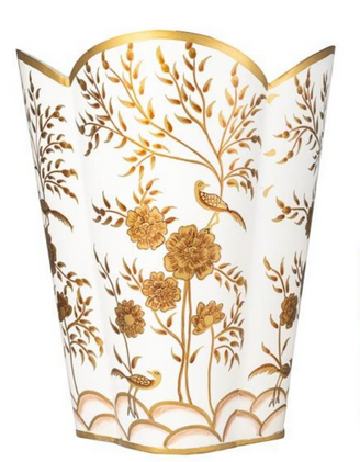 Decorative trash bin with gold floral patterns and a gold pheasant on a white background