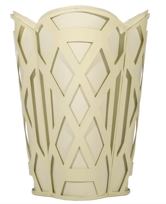 Cream decorative wastepaper basket with geometric pattern on a white background