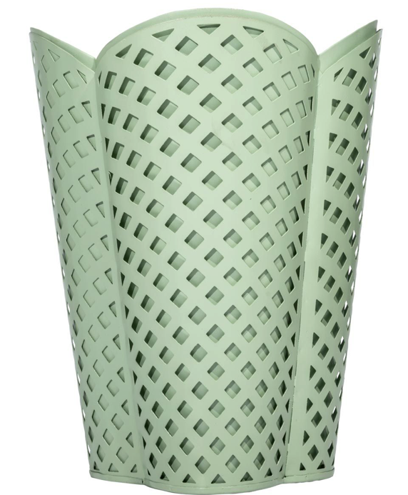 Dark Celadon lattice perforated trash can on a white background