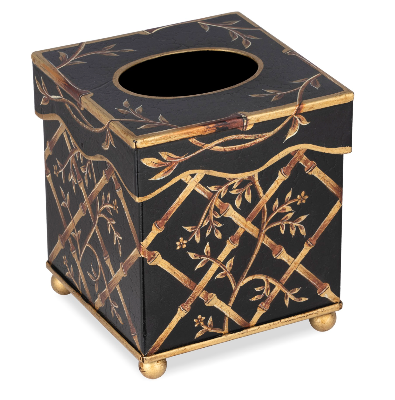 Decorative tissue box cover with gold bamboo pattern on a black background