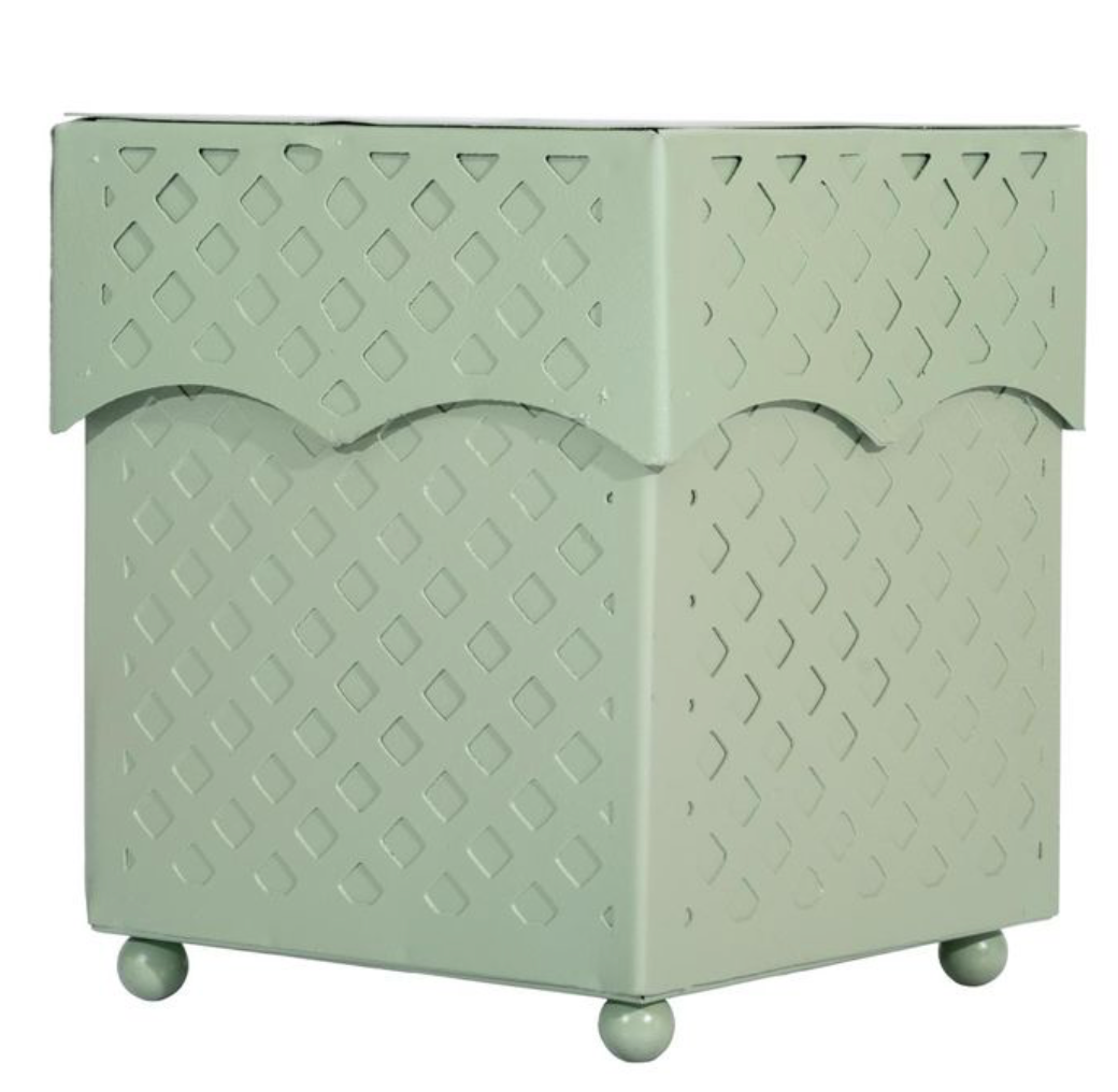 Dark Celadon lattice tissue box holder with scalloped edges on a white background