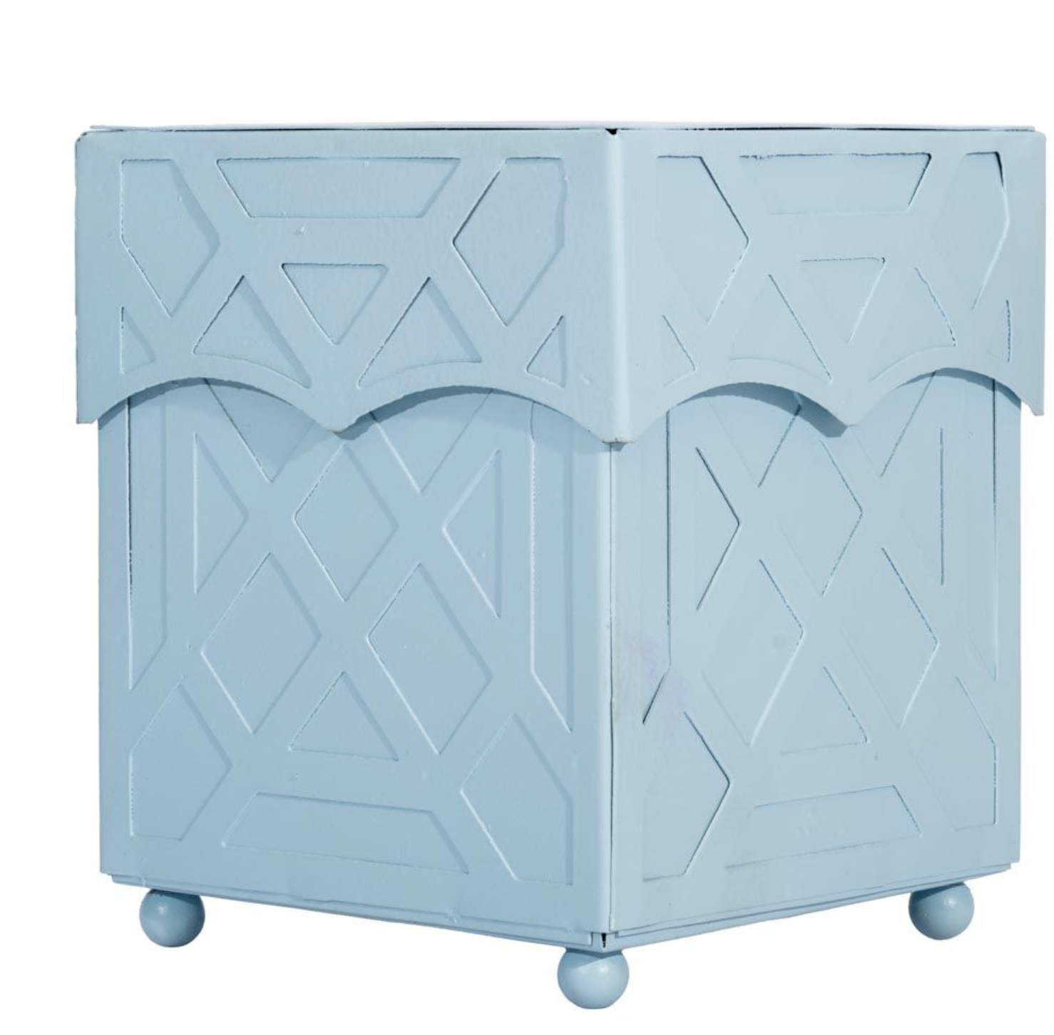 Light blue geometric-patterned tissue box holder on a white background