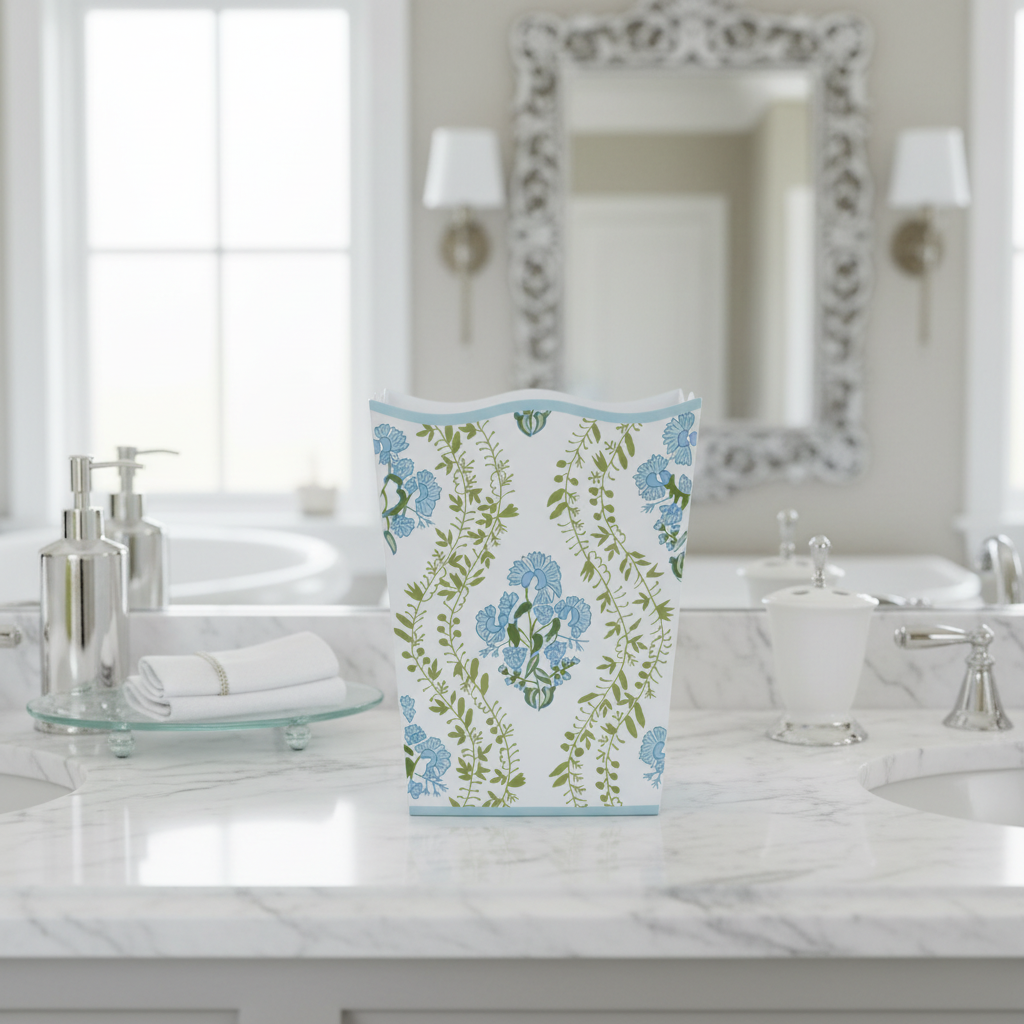 Decorative trash can with floral design on a bathroom counter