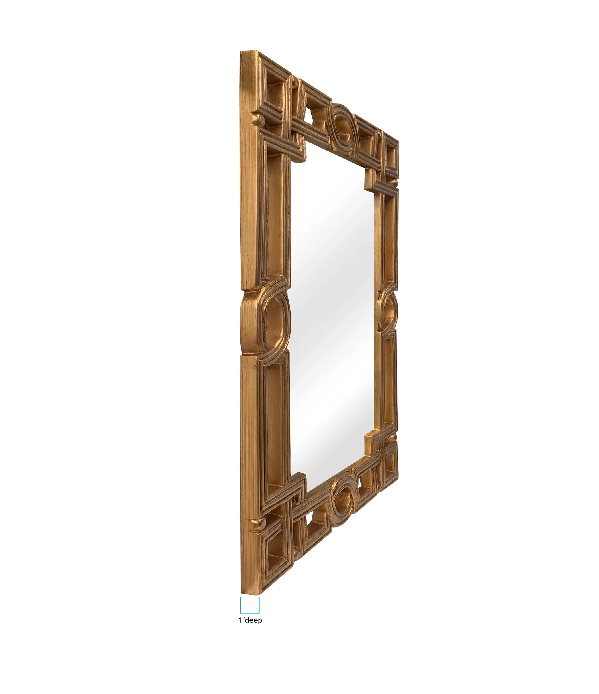 Side angle of a decorative Artemis Antique Gold Openwork Frame Wall Mirror on a white background