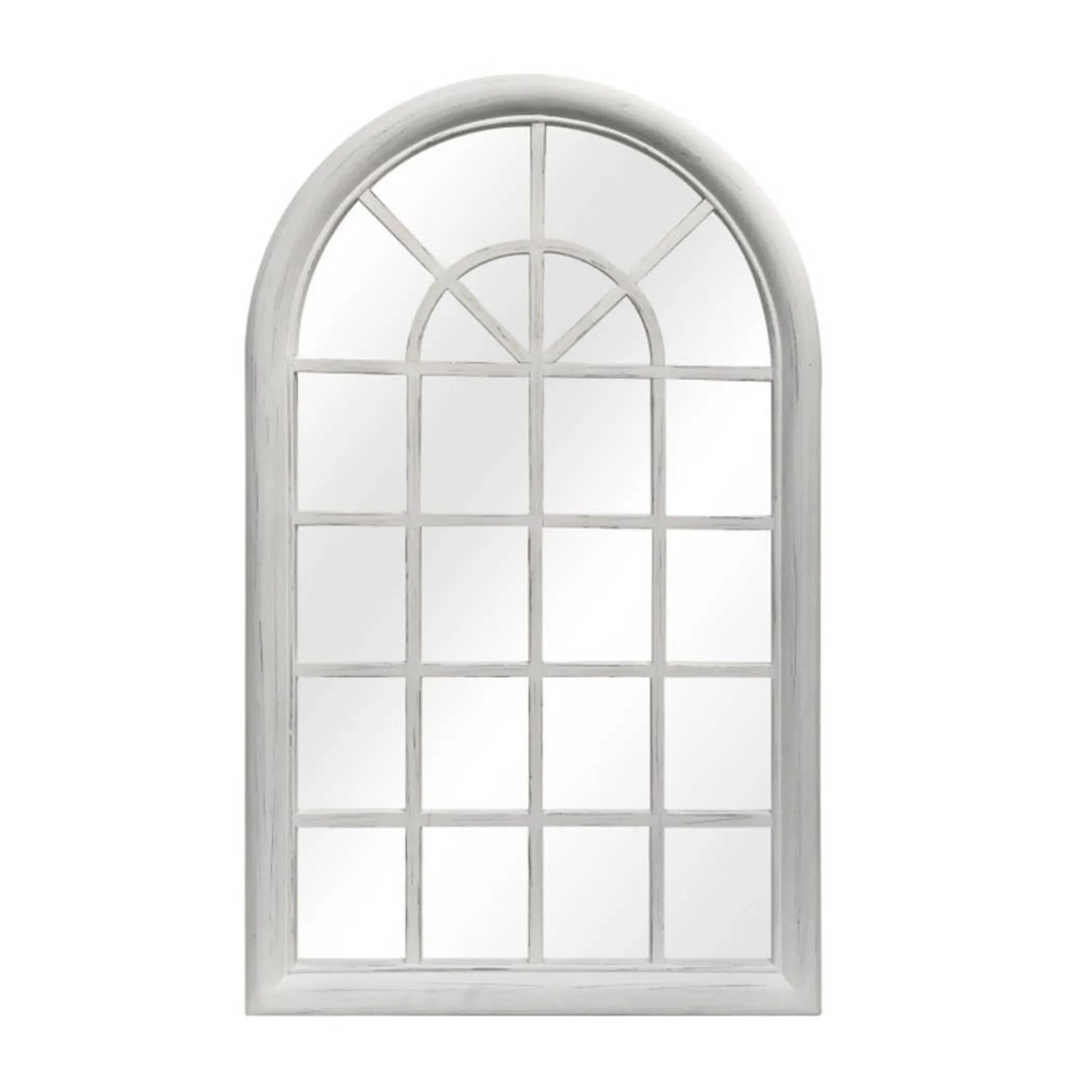Arched white window-style mirror with white frame on a white background