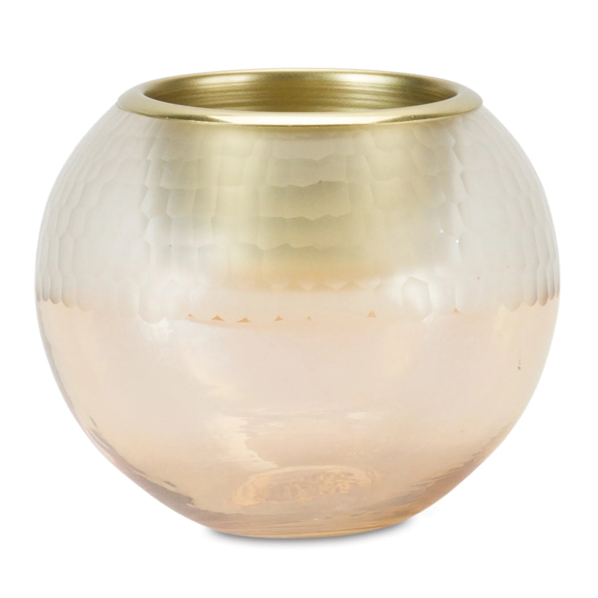Round glass candle holder with gold rim on a white background
