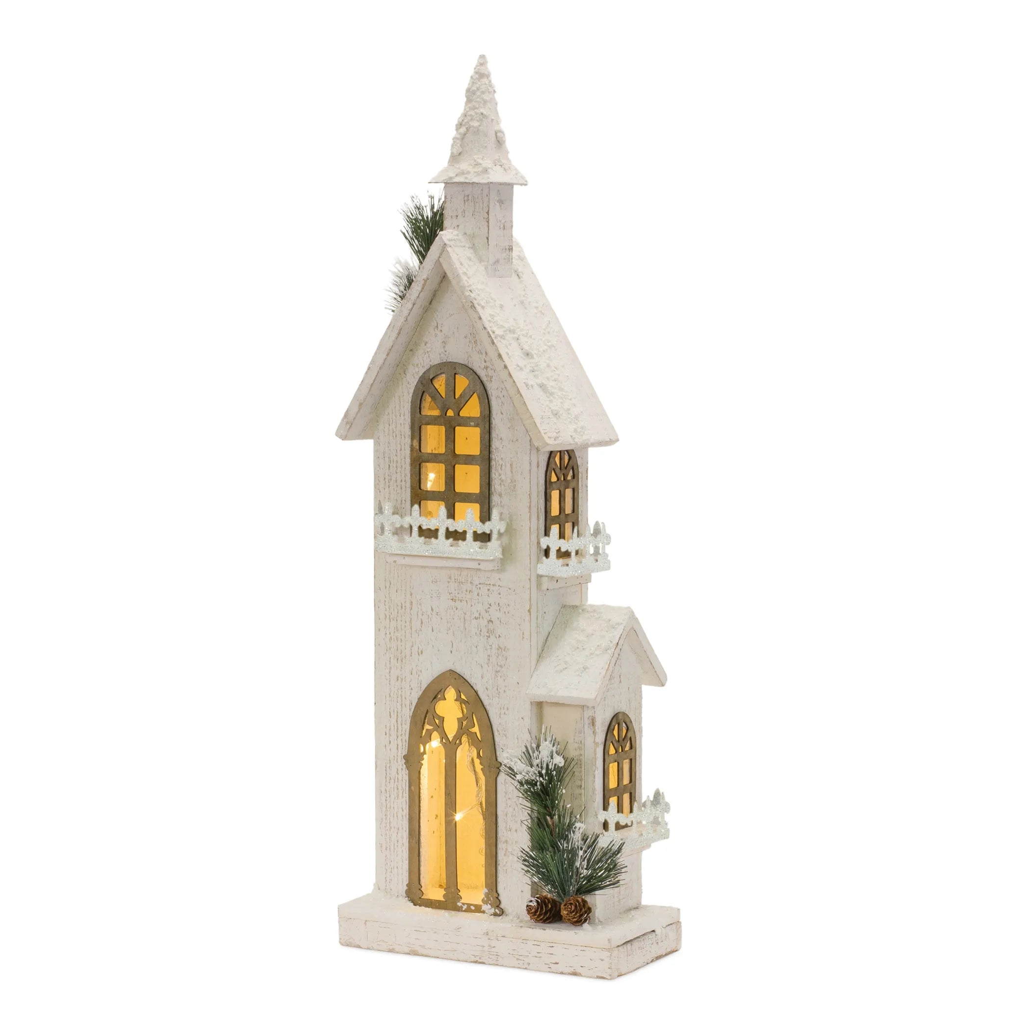 LED Lighted Winter Church Display - Size: 27"H | Pack Of: 1 unit | Materials: Fir wood | Décor style: Rustic