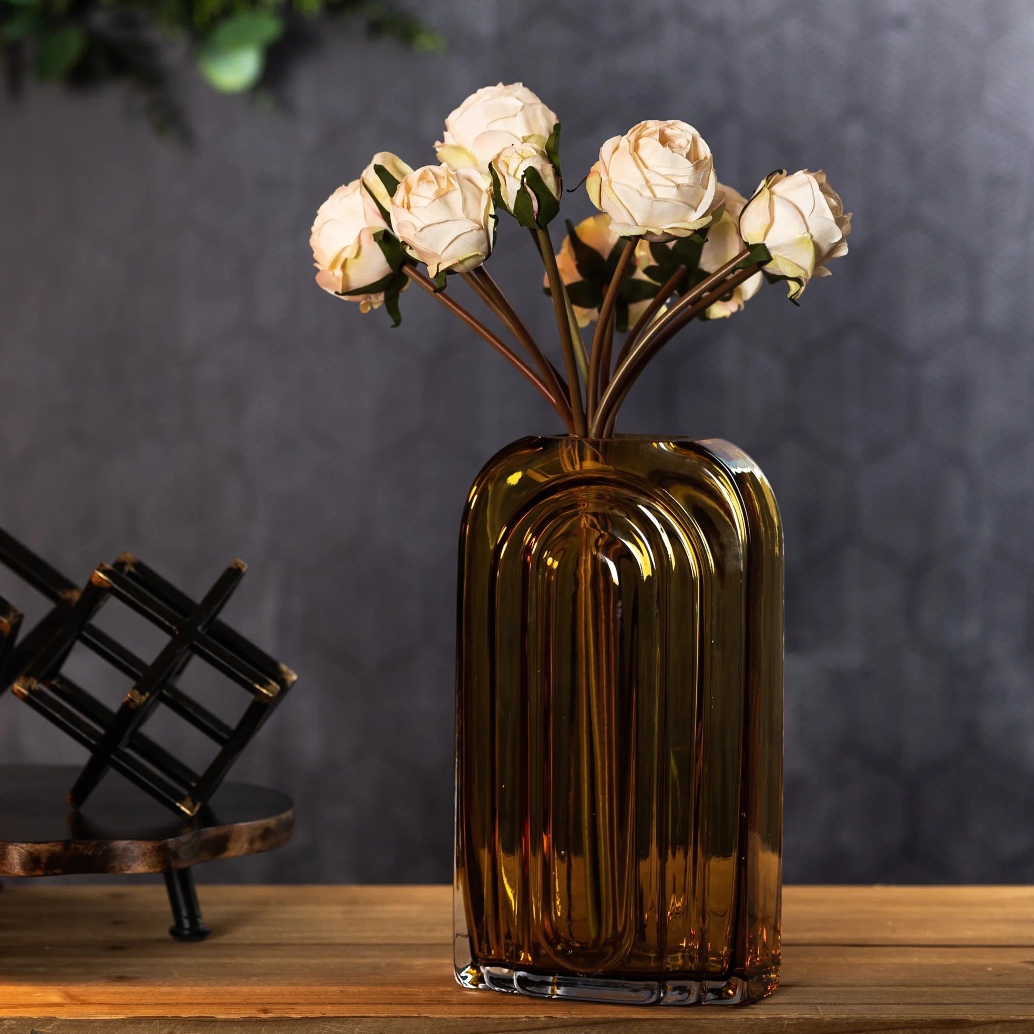 Sage Glass Vase with Wood Accent 11"H - Pack Of: 1 unit | Materials: Glass, wood | Colors: Green; brown | Décor style: Modern