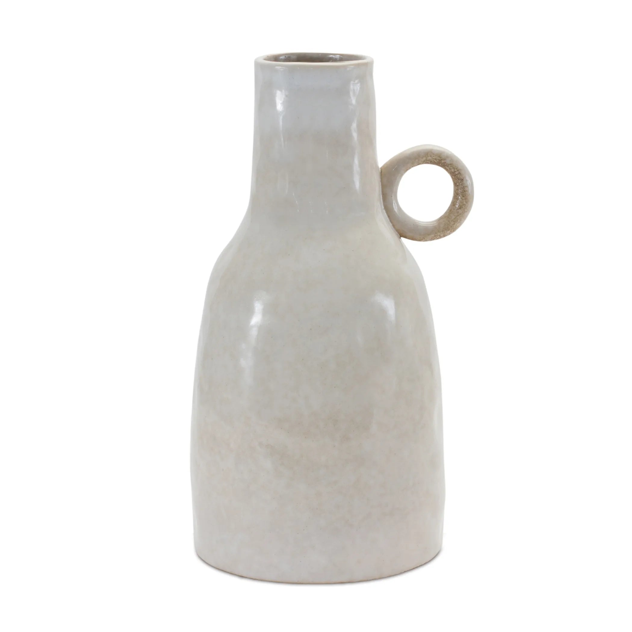 White ceramic vase with a circular handle on a white background