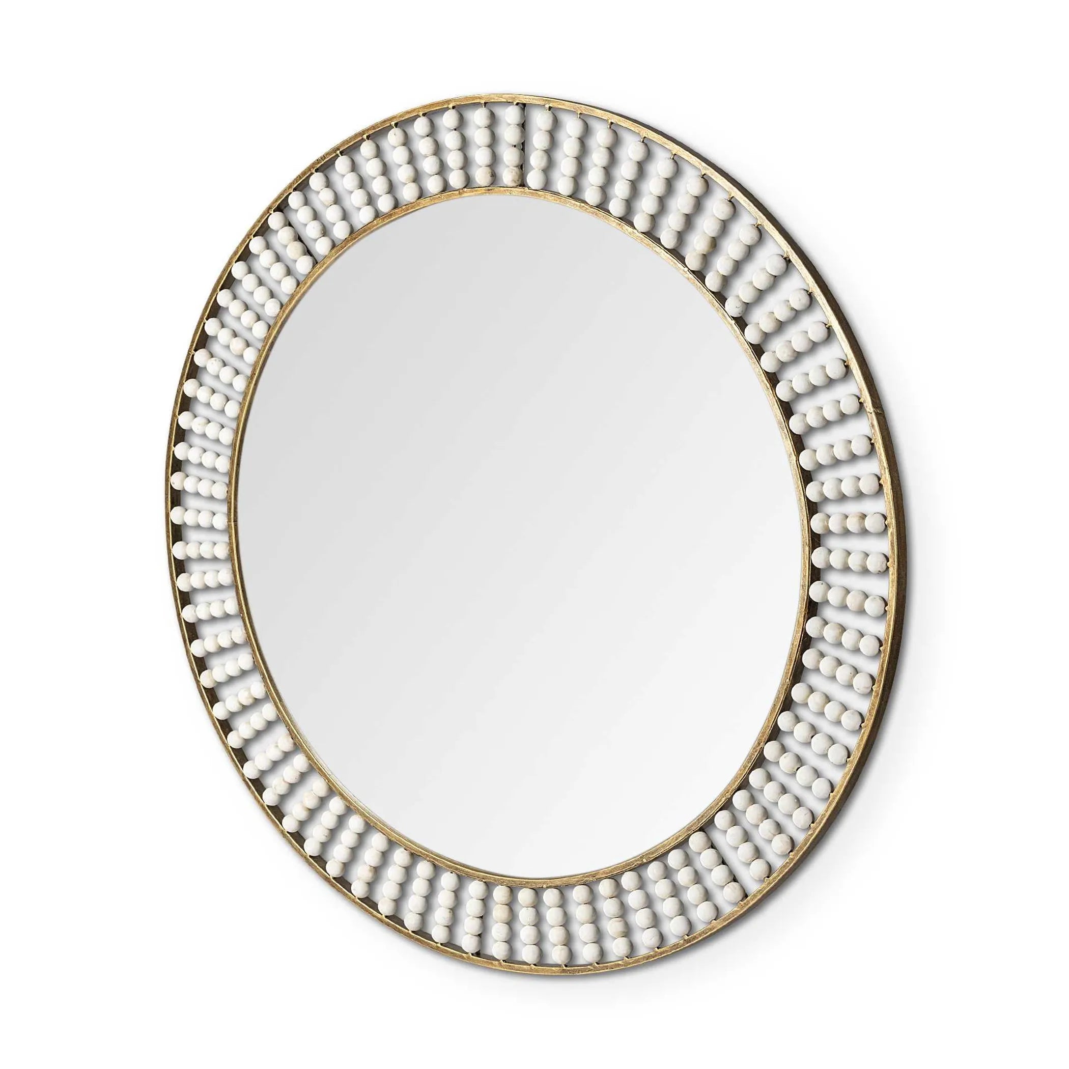 Round mirror with decorative white bead border on a white background