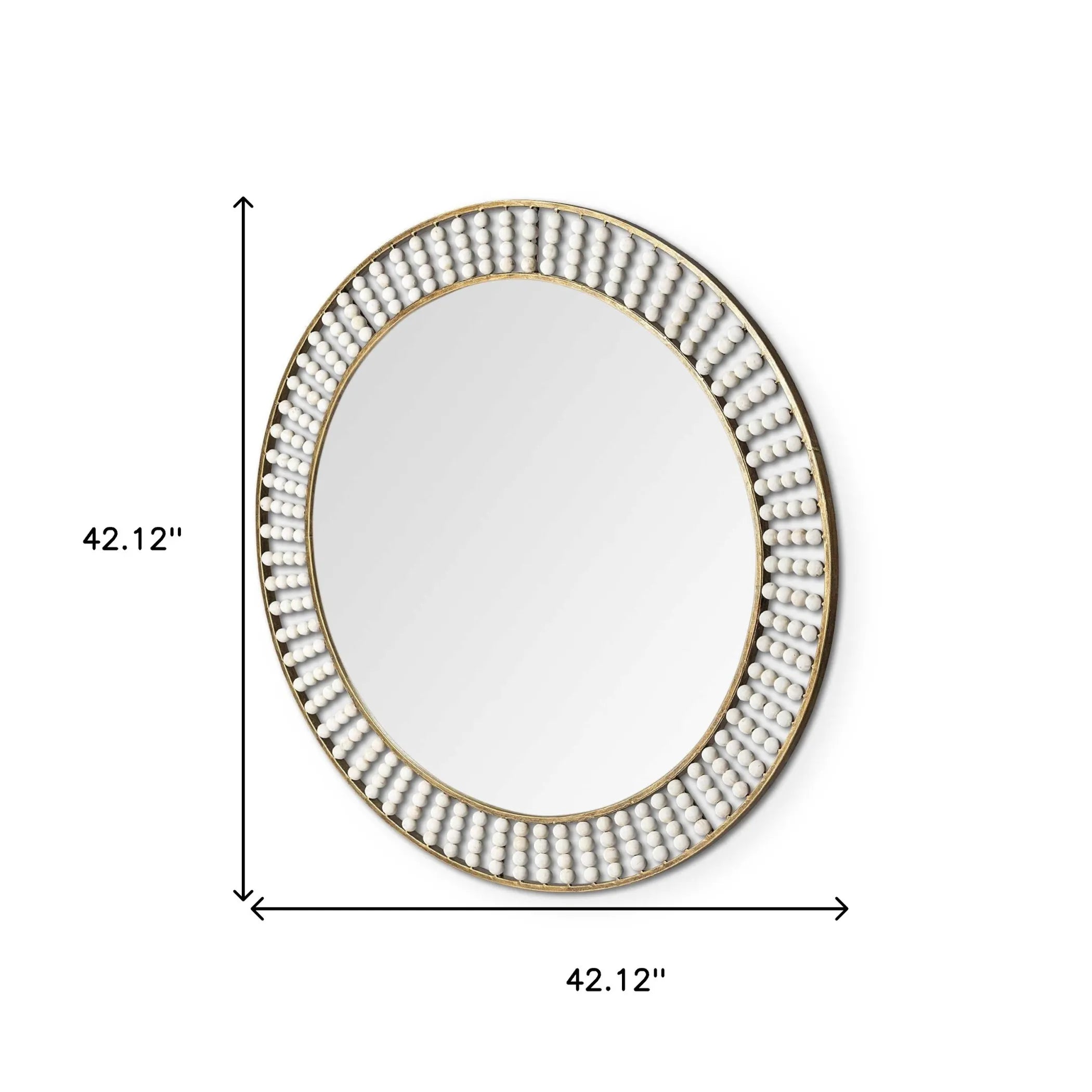 Round mirror with decorative frame and measurements on a white background