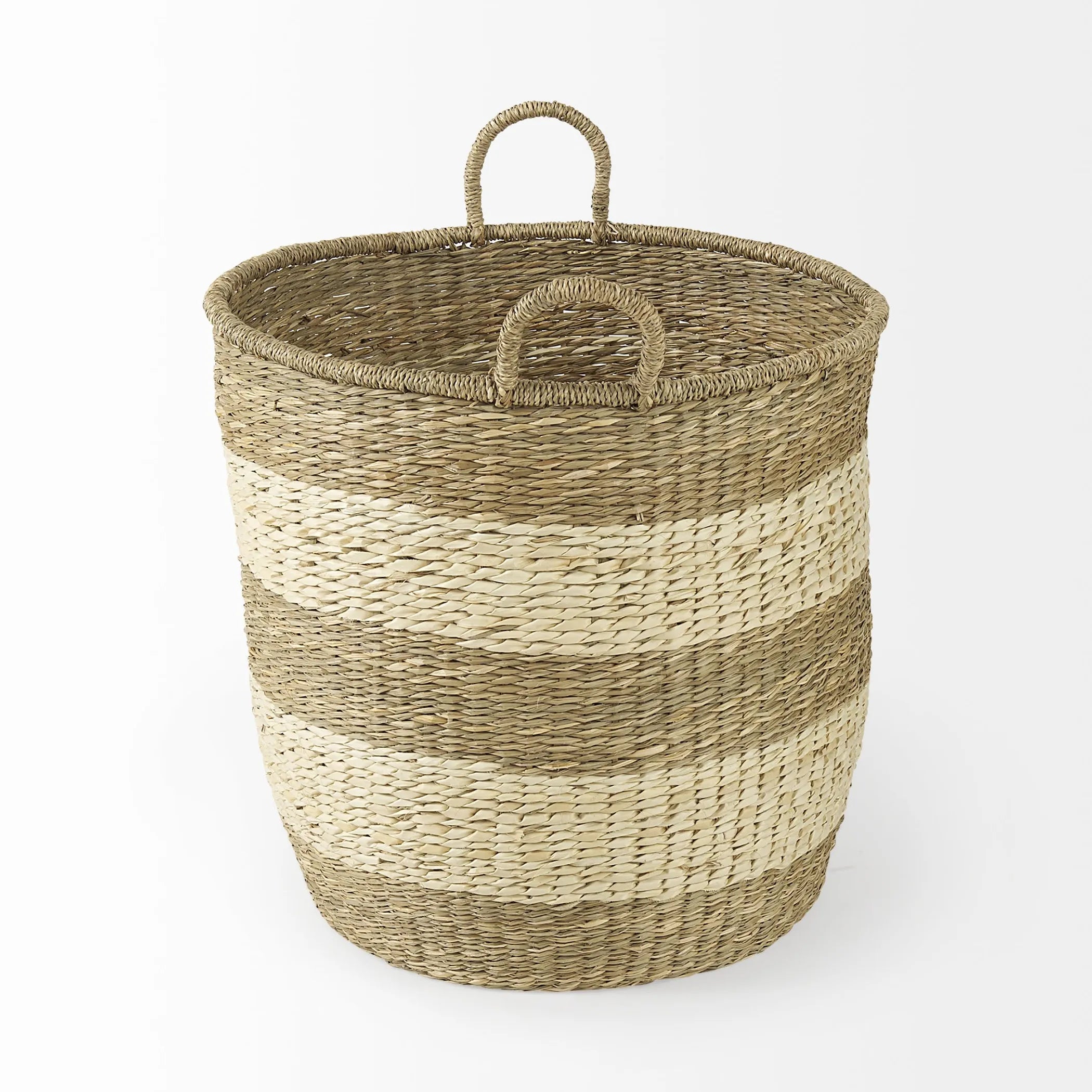 Woven basket with handles on a white background