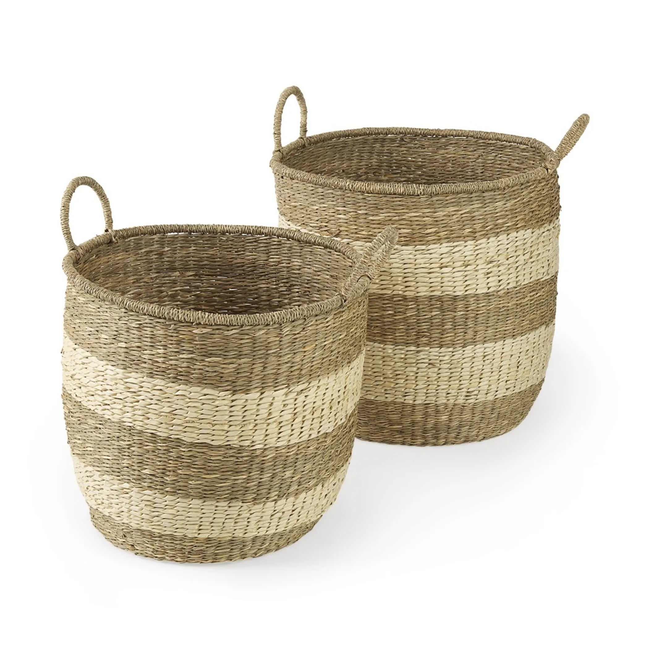 Two striped woven baskets on a white background