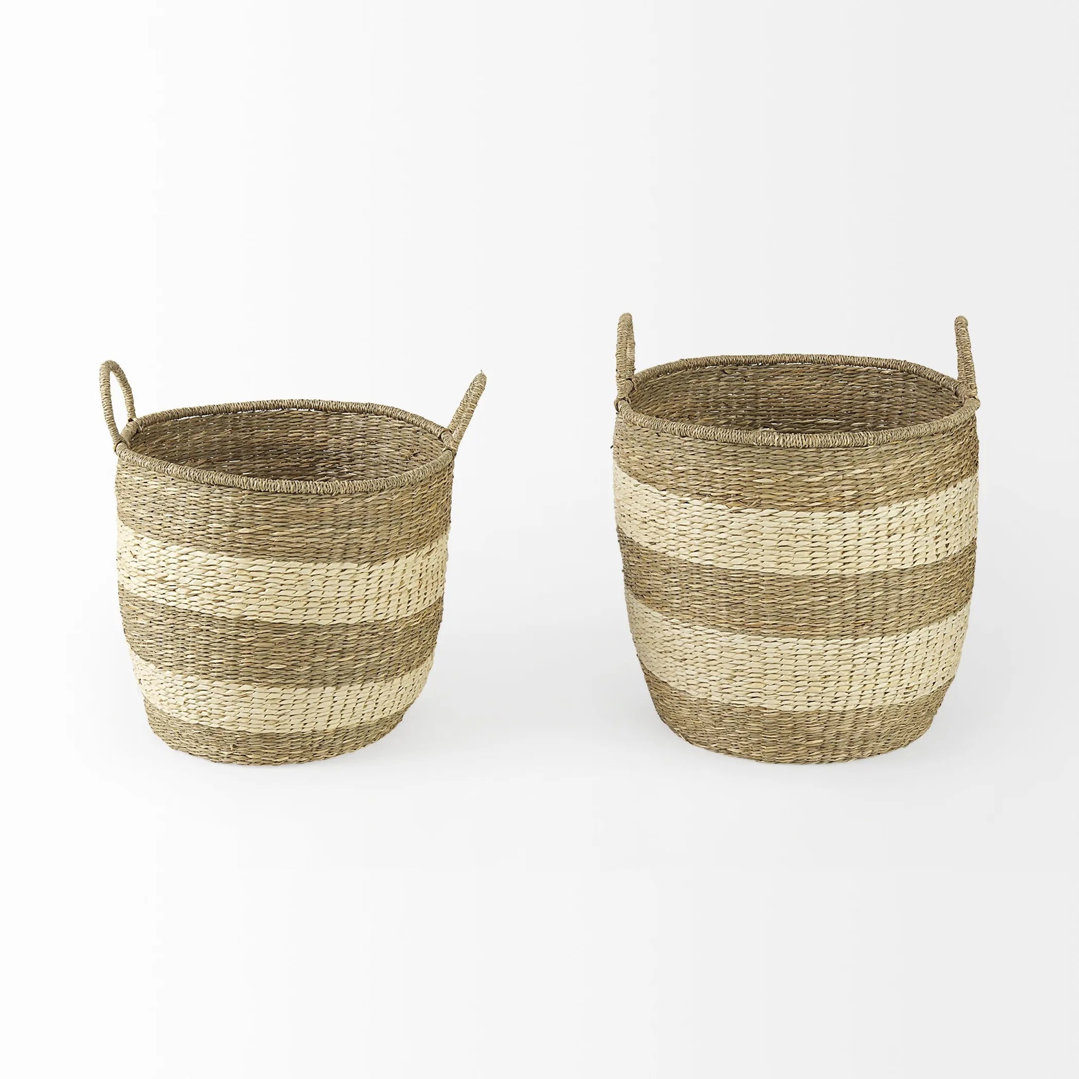 Two woven baskets with striped pattern on a white background