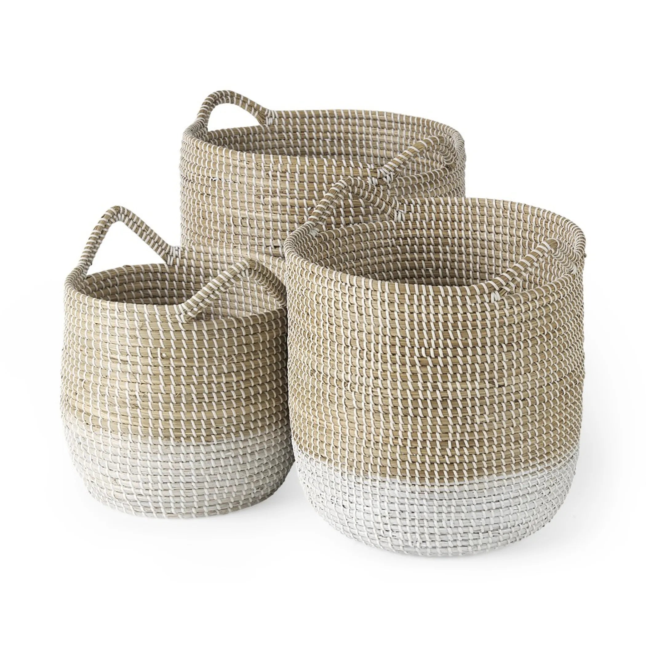 Set of Three Beige & White Wicker Storage Baskets