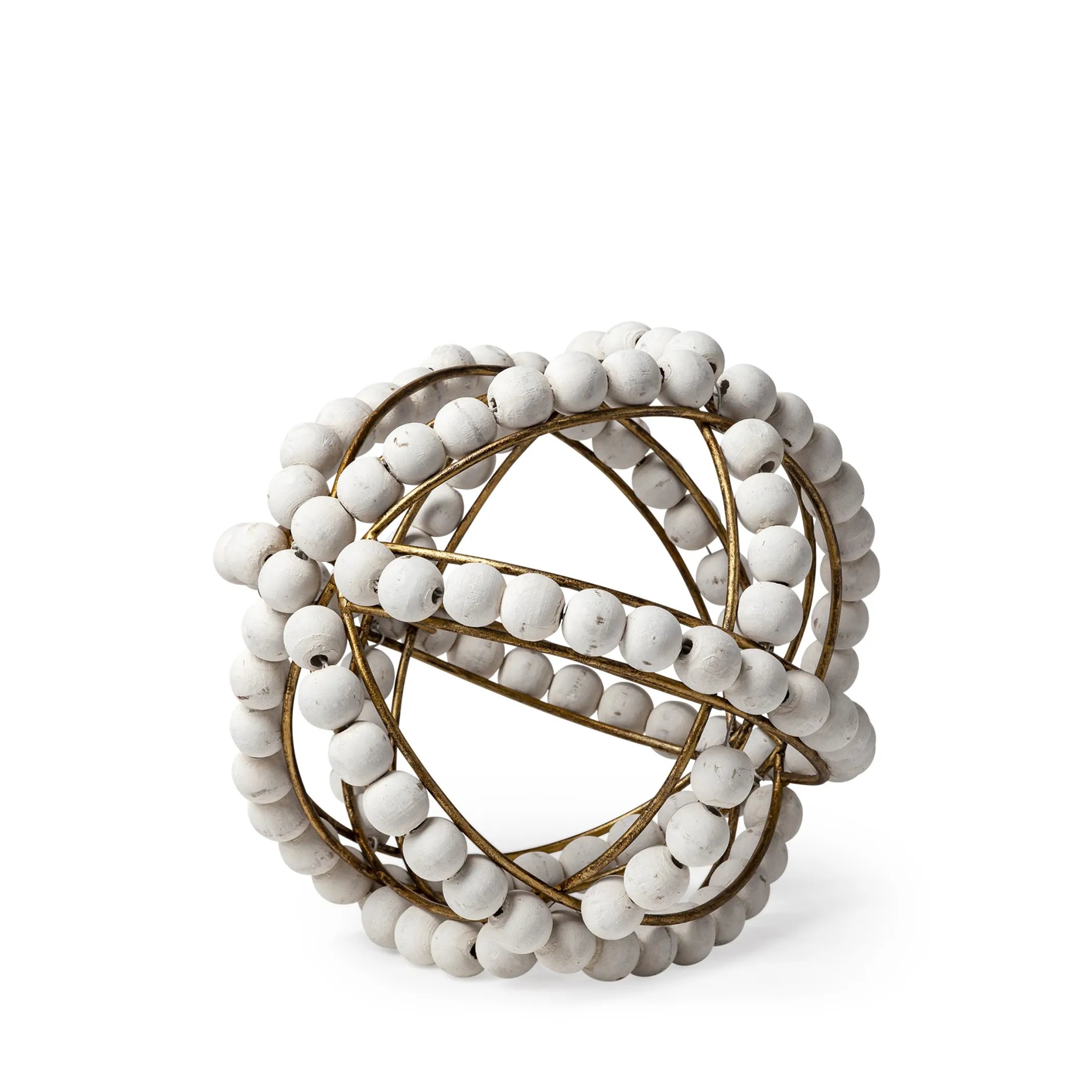 Decorative object with white beads and gold wire on a white background